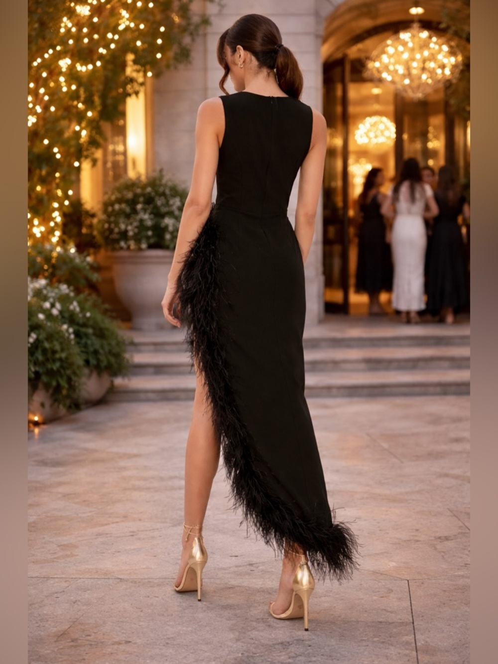 Mac Duggal Black Feather Trim Asymmetrical Maxi Dress Size 4 NWT - Picture 2 of 7